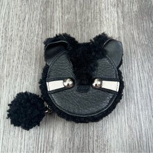 Coach Raccoon Black  Pebbled Leather & Shearling Pom‎ Pom Tail Coin Purse Wallet